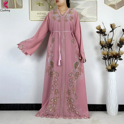2026New Dubai Muslim Women Modest Dress Diamond Chiffon Elegant Arabic Femme Hijab African Abaya Islamic Long Sleeve Turkey Robe