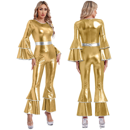 Women Vintage One Piece 70s Disco Dance Rompers Sleeveless Metallic Bell Bottom Flared Pants Jumpsuit for Retro Party Jazz Dance