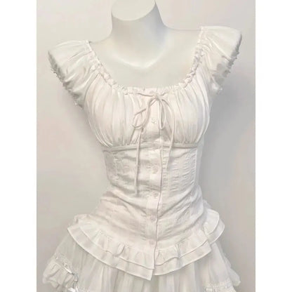 Deeptown Elegant Sweet White Blouses Women Sexy Square Collar Bow Crop Tops Vintage French Style Short Sleeve Ruffle Shirts