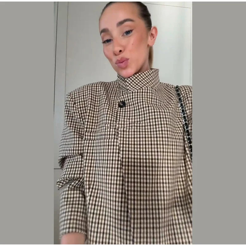 Plaid Cropped Trench Coat Lapel Collar Double Breasted Belted Waist Long Sleeve Women All-match Coats 2026 Autumn Commute Outfit