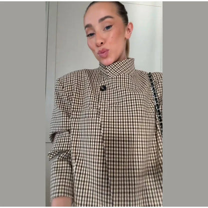 Plaid Cropped Trench Coat Lapel Collar Double Breasted Belted Waist Long Sleeve Women All-match Coats 2026 Autumn Commute Outfit