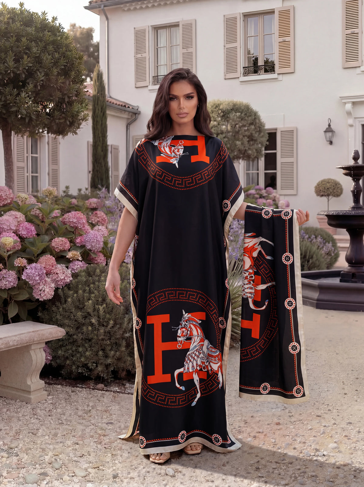 Luxury Horse Letter Print Satin Abaya Scarf Set, Loose Batwing Maxi Kaftan for Muslim Women Summer Beach Holiday Wear