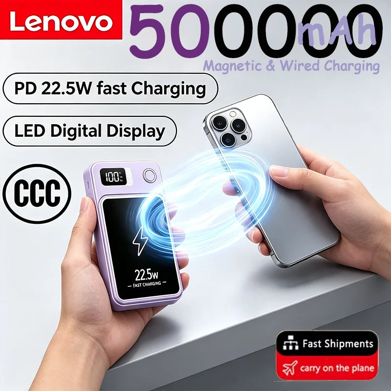 Lenovo PD22.5W Magnetic Wireless Large‑Capacity 500000mAh Portable Fast Charging External Battery Power Bank For iPhone Samsung