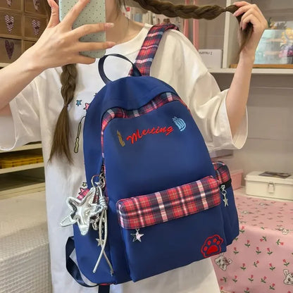 Preppy Style Blue Backpack for Girls, Plaid Spliced School Bag, Cute Nylon Daypack Star Pendant, Large Capacity Student Rucksack