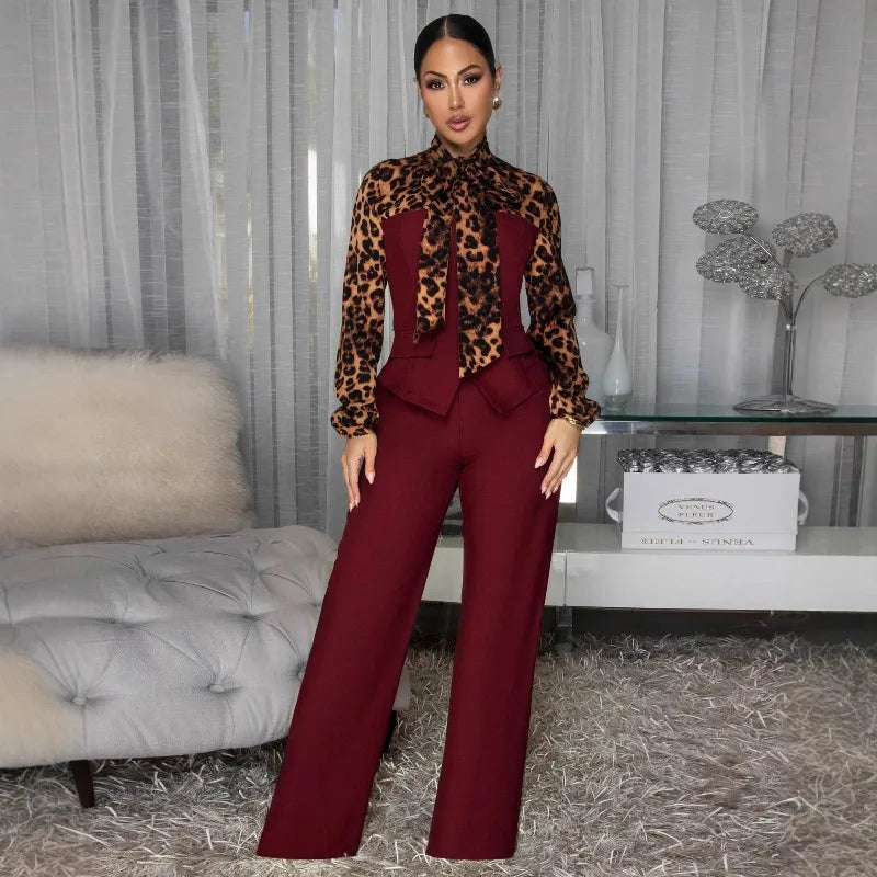 Doyerl Leopard Patchwork Shirt Style Jumpsuits Woman Elegant Vintage Long Sleeve High Waist One Piece Rompers Women Jumpsuit