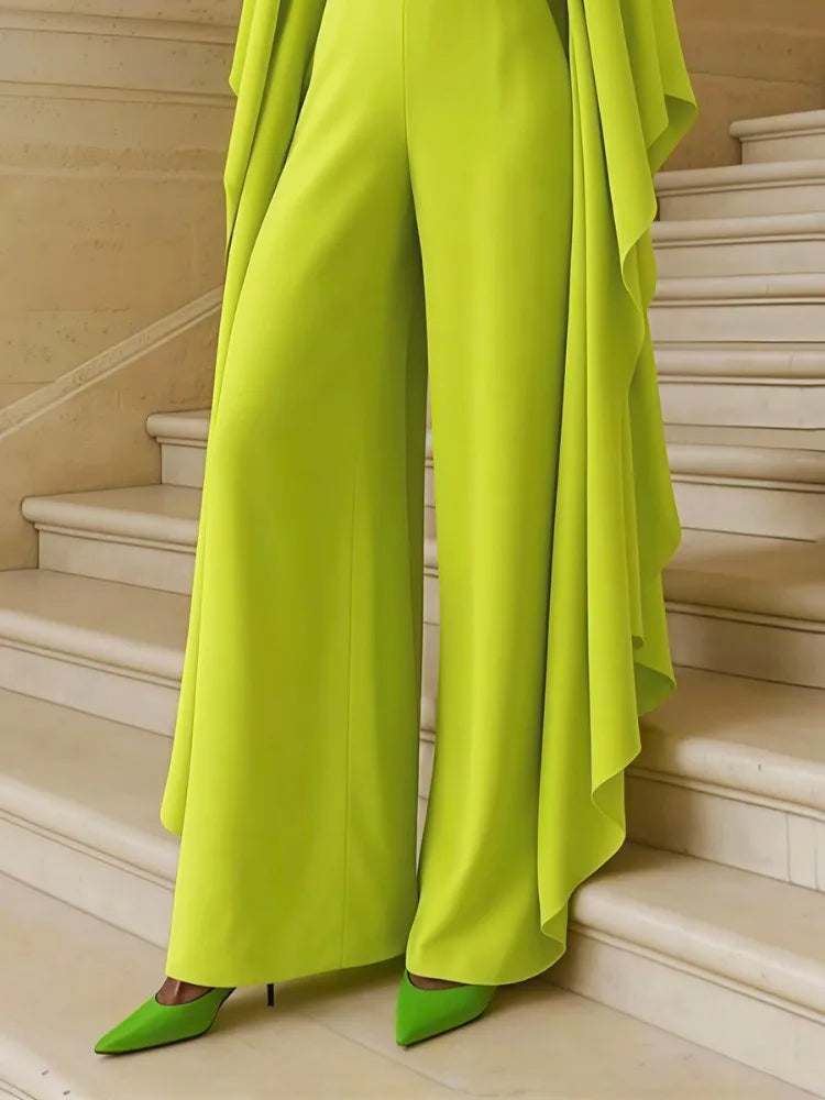 UOOZEE Women's Elegant Solid Color Deep V-Neck Party Jumpsuits 2026 New Flared Sleeve Loose High Waisted Wide Leg Evening Romper