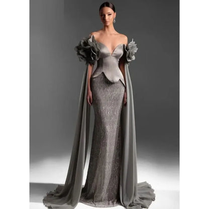 EVS Customized Off Shoulder Gray Evening Dresses Chic Mermaid Prom Dress 2026 Glitter Floor-Length Wedding Party Formal Gowns