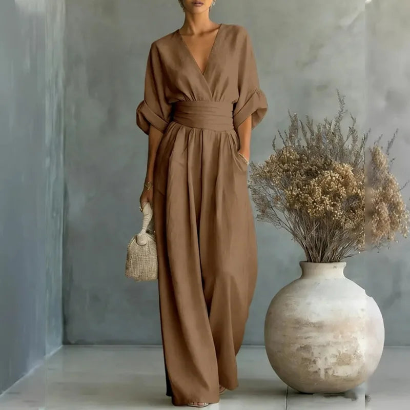 2026 Women V Neck Waist Wide Leg Jumpsuit Casual Elegant Summer One Piece