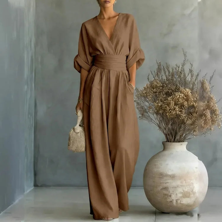 2026 Women V Neck Waist Wide Leg Jumpsuit Casual Elegant Summer One Piece
