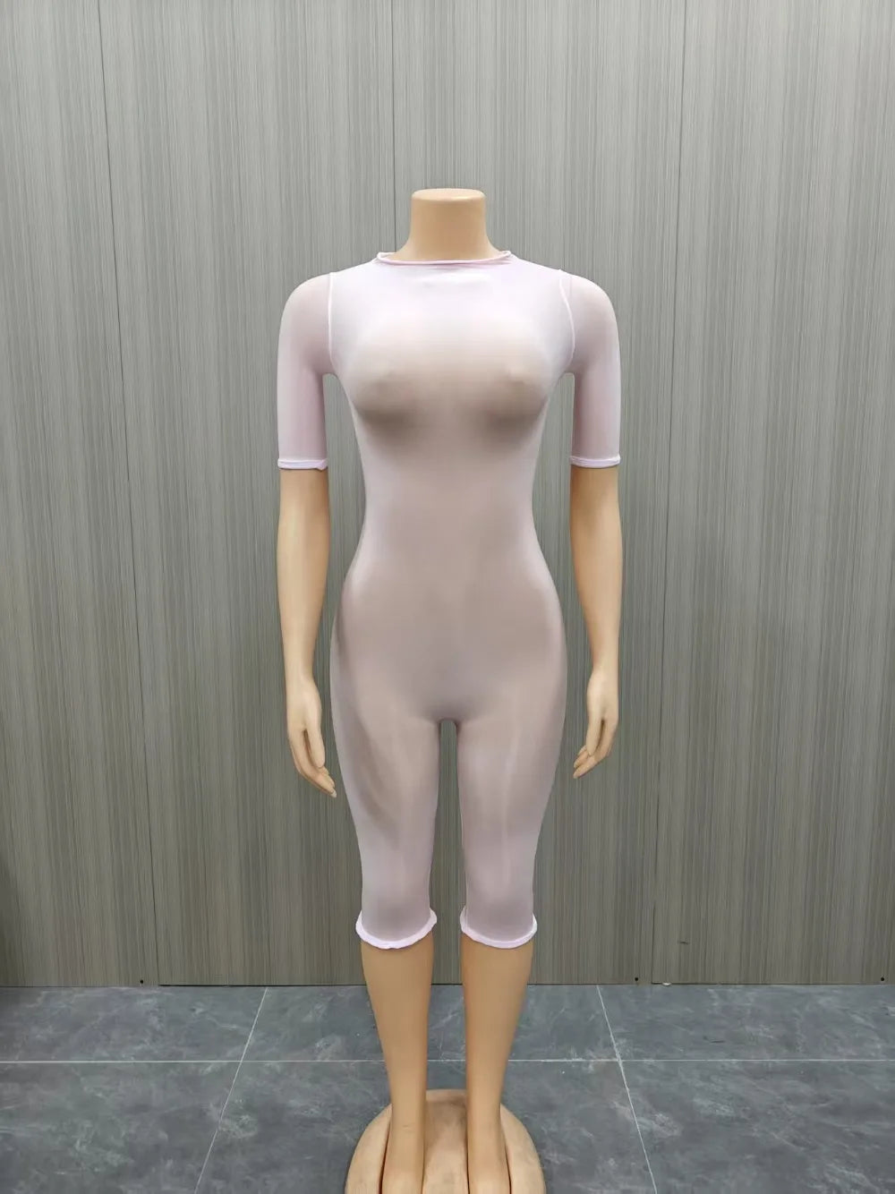 FLARORA Sexy Mesh See Through Rompers Woman Trend O Neck Short Sleeve Skinny Peach Hip Playsuits Stretch Midnight Party Clubwear