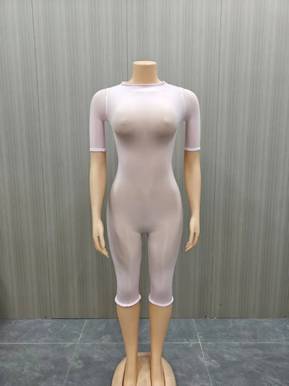 FLARORA Sexy Mesh See Through Rompers Woman Trend O Neck Short Sleeve Skinny Peach Hip Playsuits Stretch Midnight Party Clubwear