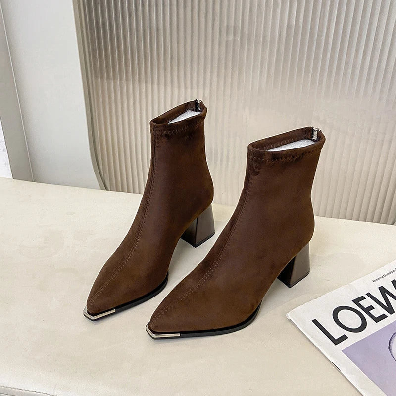 Winter Women Thick Heel Ankle Boots Fashion Pointed Toe Mordern Short Booties Street Style Party Stripper Female Shoes