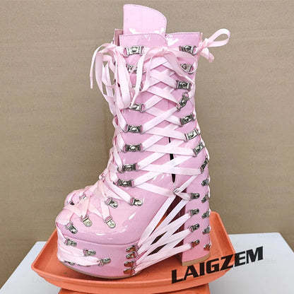LAIGZEM Women Ankle Boots Side Zip Up Lace Up Thick High Heels Boots Cosplay Gothic Ladies Shoes Woman Large Size 38 41 43 47 52