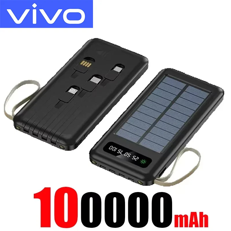 VIVO 200000mAh Solar Power Bank Large Capacity Mobile Power Fast Charging Battery Dual USB 4 Cables For iPhone Samsung Huawei