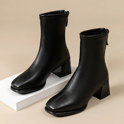 High-quality square-toe platform short boots for ladies, 2025 new fashion trend Wide heel, back zipper, large size women's boots
