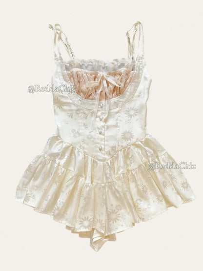 ReddaChic Mini Cami Dress with Built-in Shorts Spaghetti Straps Glossy Floral Women Satin Rompers One Piece Puffy Pants Party