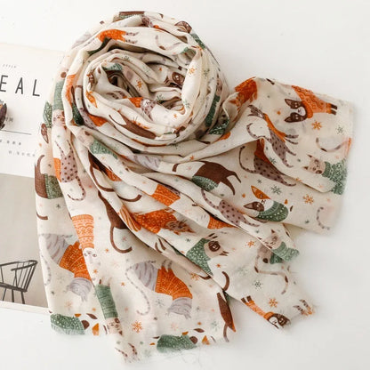 Cozy Dachshund Dog Cat Pattern Viscose Shawl for Women - 180x90Cm Fringe Detail Breathable Thin Wrap Scarves Autumn/Winter Snood