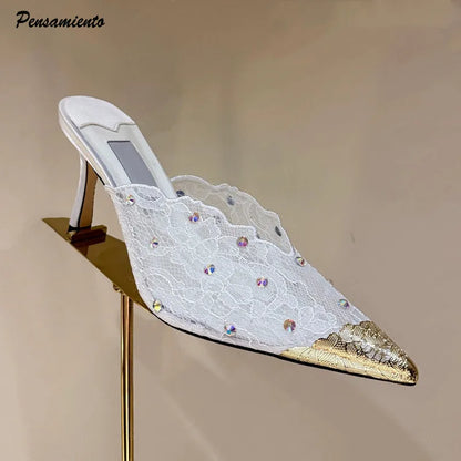 Luxury Rhinestones Mesh Lace Women Pumps Sandals Summer Elegant Pointed Toe 8cm Thin High Heels Mulse Sides  Fashion Party Shoes