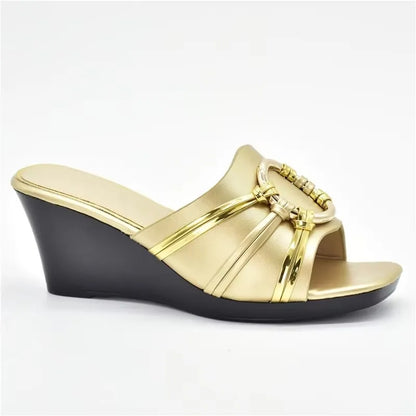 Latest Design African Party Shoes Decorated with Metal Wedding Shoes for Women Bride Wedges Shoes for Women Luxury Shoes