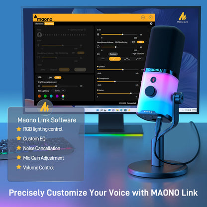 MAONO PD100X RGB Gaming Microphone USB/XLR Dynamic Microphone Noise Reduction Mute Headphone Jack for Gaming Streaming Podcast