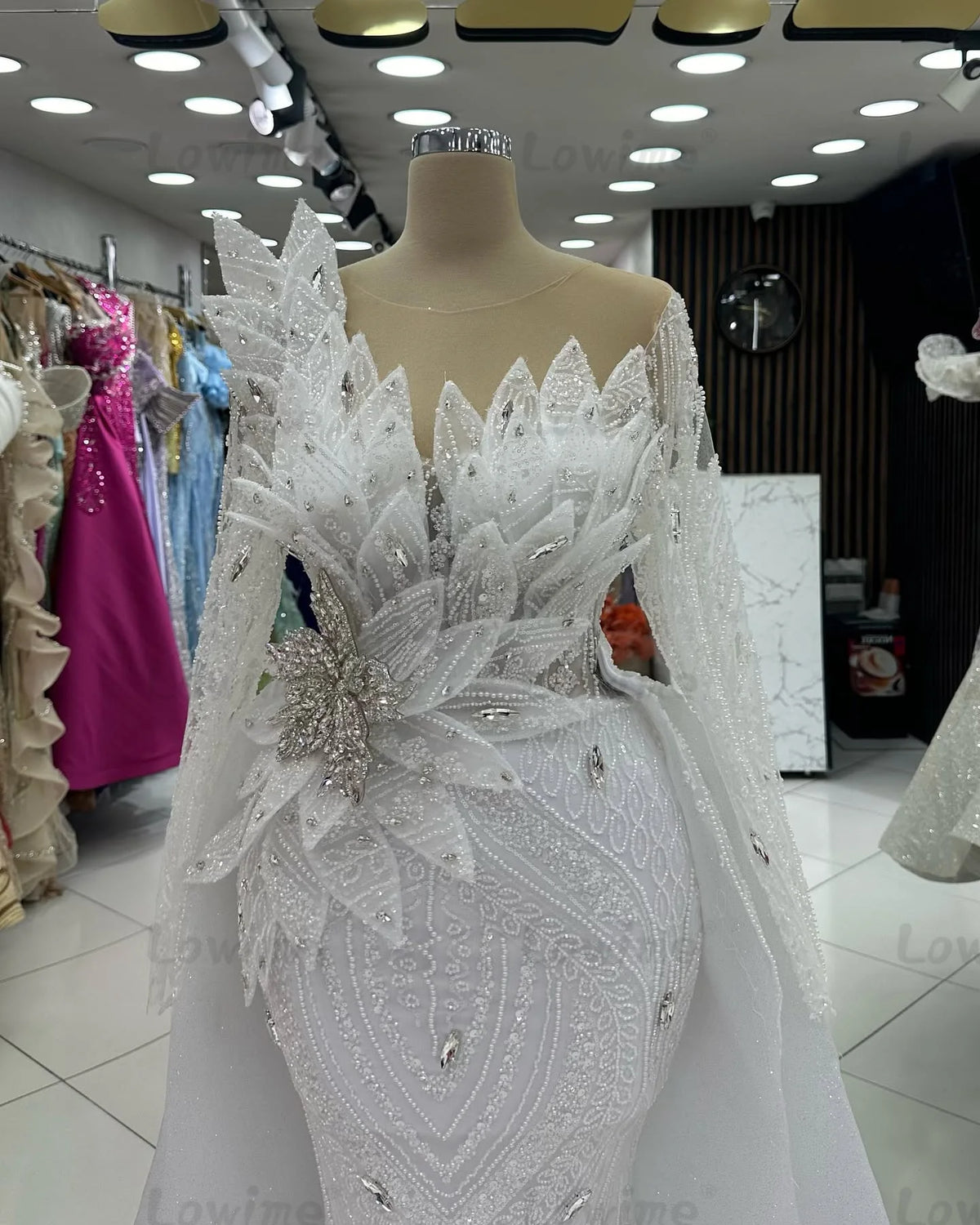 2025 White 2 In 1 Long Prom Dresses Customized Crystals 3D Leaf Arabic Mermaid Wedding Party Dress Engagement Gown Prom Dresses