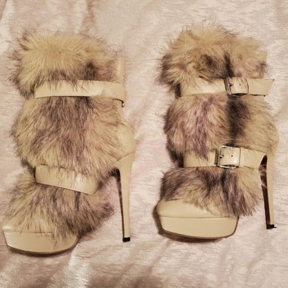 Winter Platform Belt Buckle Soft Fur Short Boots Fashion Show Party Casual Furry Boots New Sexy Women's Stiletto Warm Boots