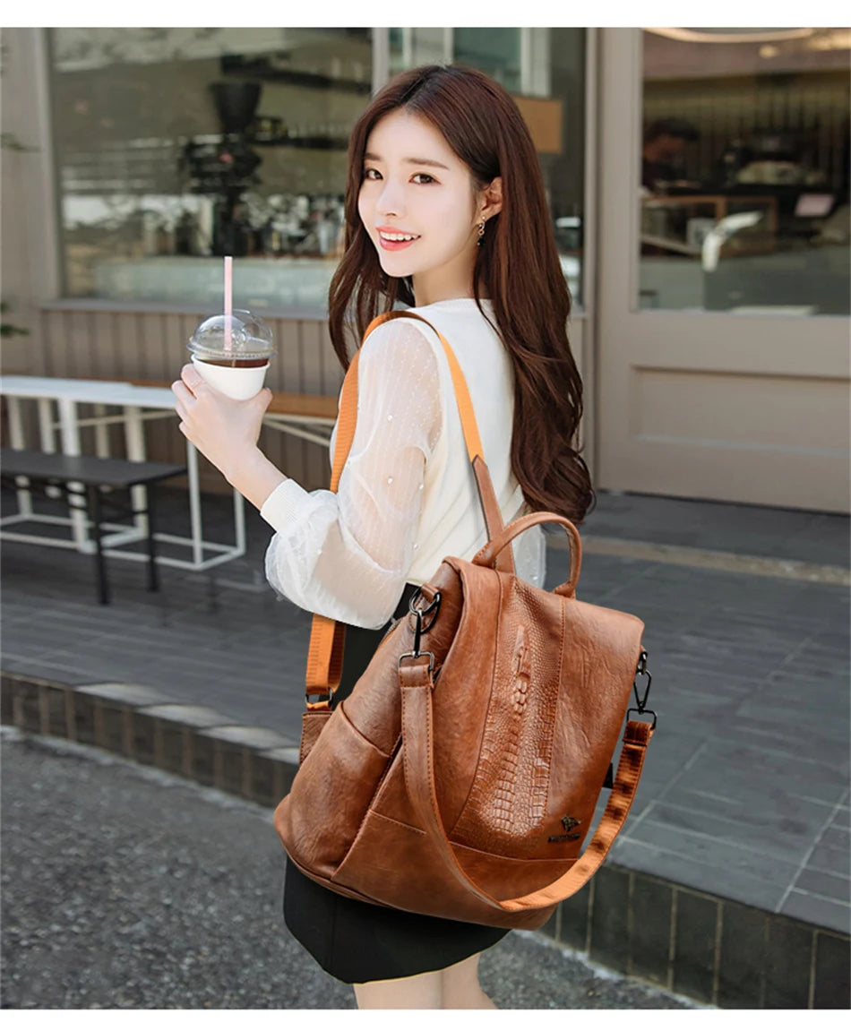 Women's Crocodile Pattern Backpack Leather School Bookbags for Girls Bagpack Large Capacity Designer Travel Rucksack Mochilas