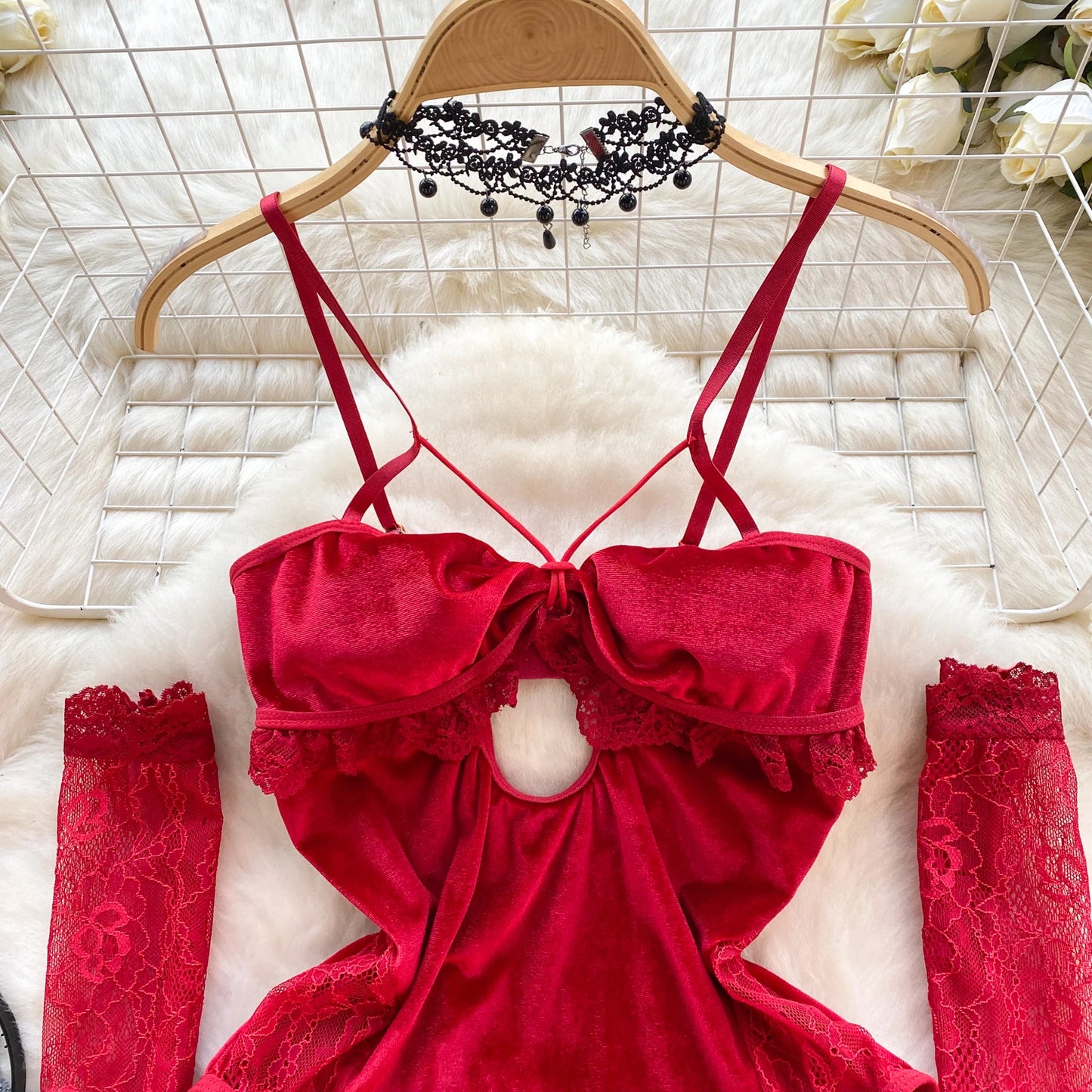 Women Lace Patchwork Velour Strappy Catsuits Fashion One Piece Combination Rompers Erotic Fashion Sexy Bunny Bodysuits Cosplay