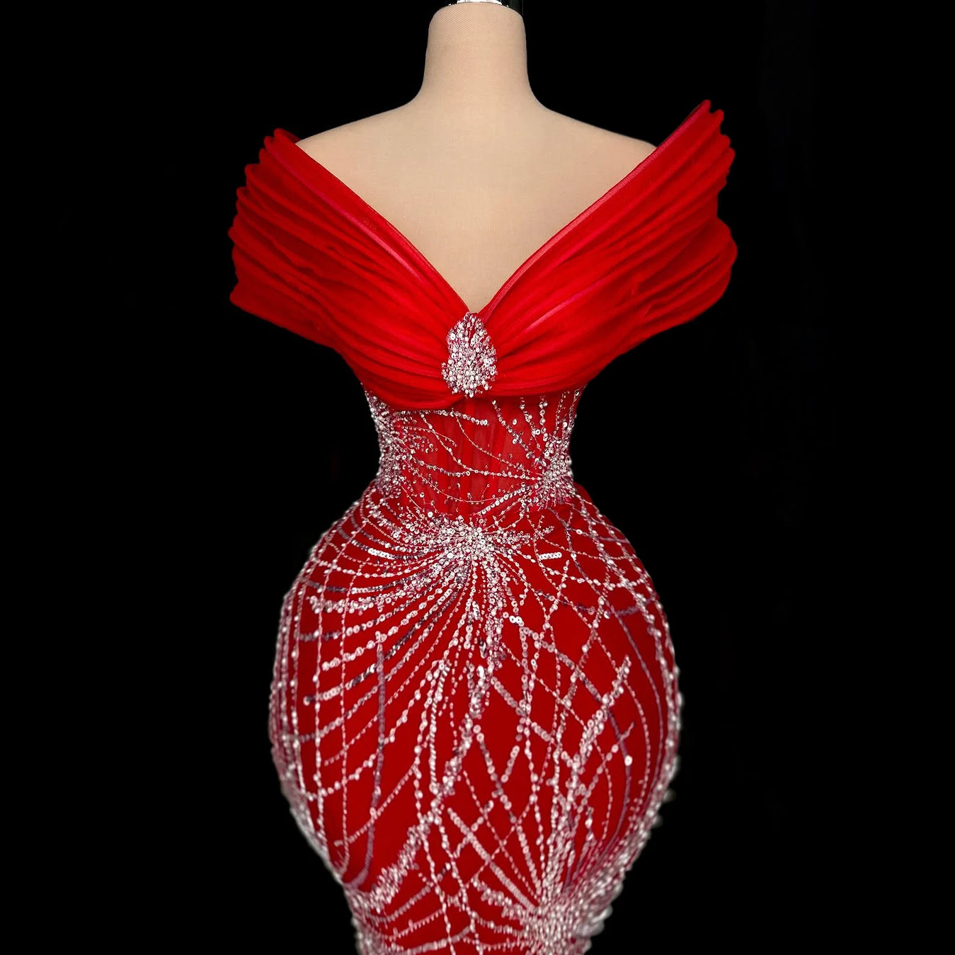 Red One-shoulder V-neck mermaid evening dress with sequins and rhinestones wedding party dress prom dress custom made