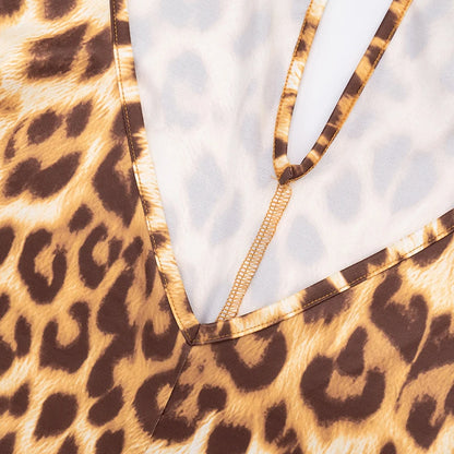 Leopard Print Jumpsuits Woman Deep V-Neck Cleavage Backless Full Sleeve Skinny Peach Hip Hot Girls Street Sexy Overalls