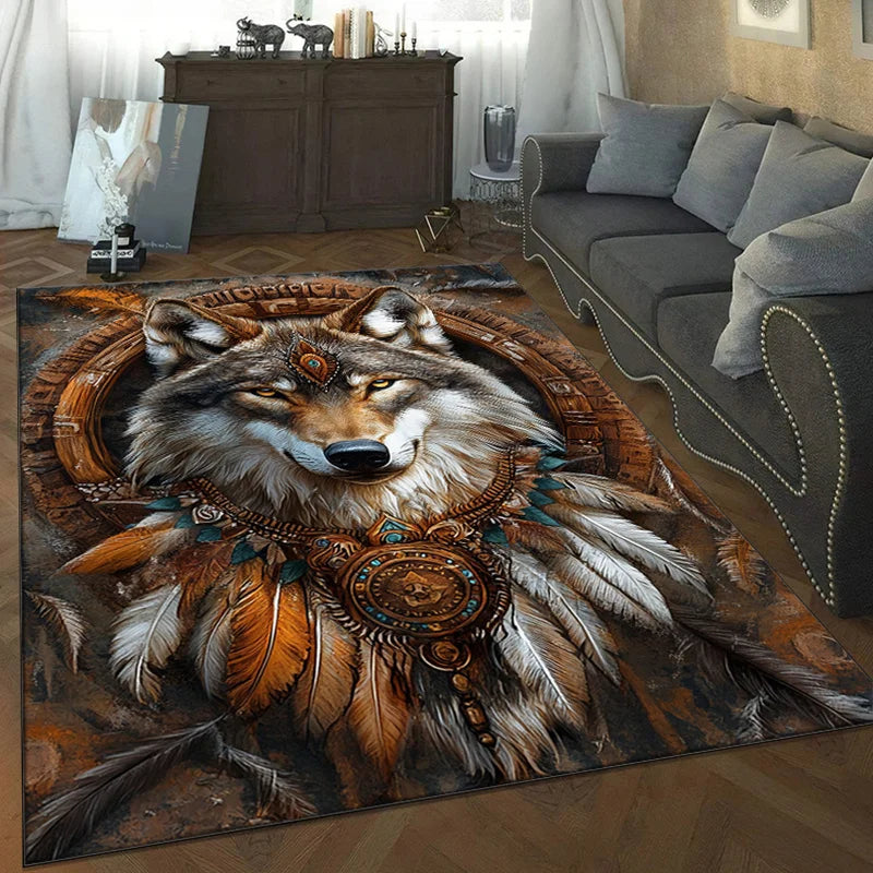 3D Wolf Head Print Non-Slip Mat, Tribal Design with Feathers Beads, Machine Washable Polyester Rug for Living Room Bedroom Decor