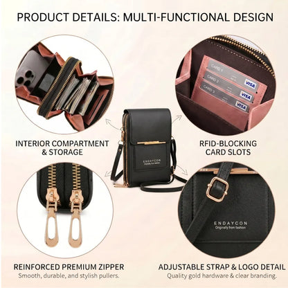 RFID Blocking Touch Screen Cell Phone Bag Women Mini PU Leather Lightweight Card Holder Crossbody Shoulder Bag Adjustable Strap