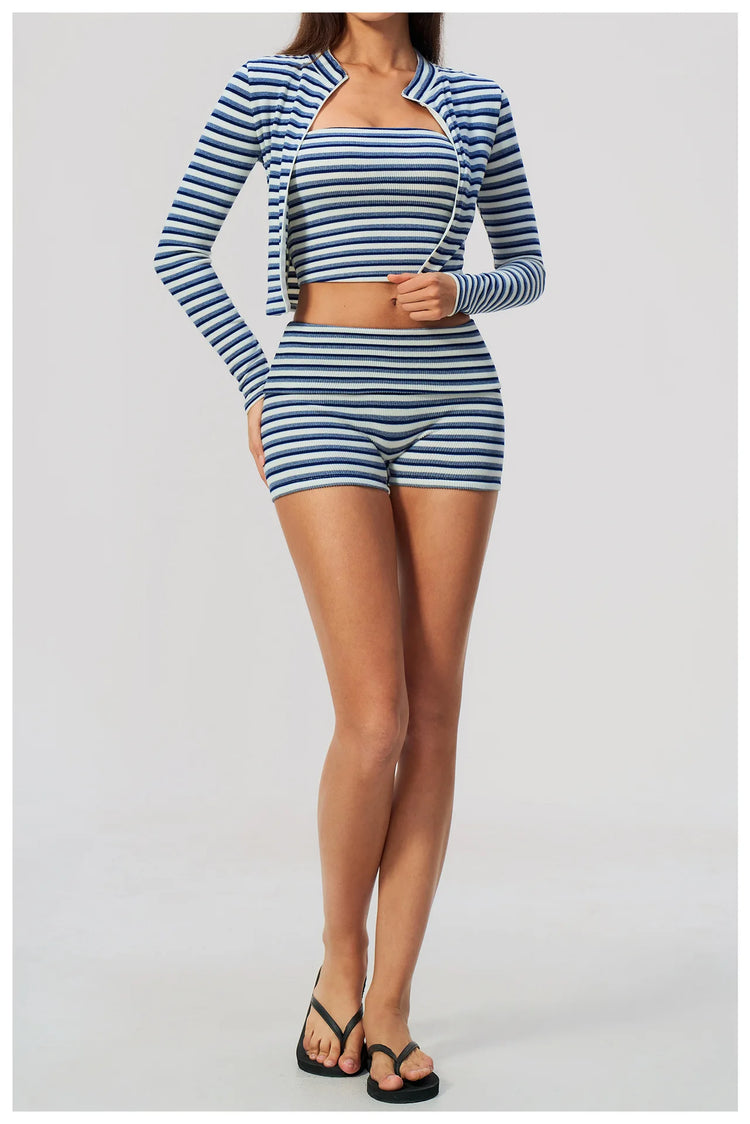 Women 2/3pcs Yoga Set Gym Clothing Fitness Suit Workout Tracksuit Outfits Ribbed Striped Strapless Tube Top Zipper Long Sleeve