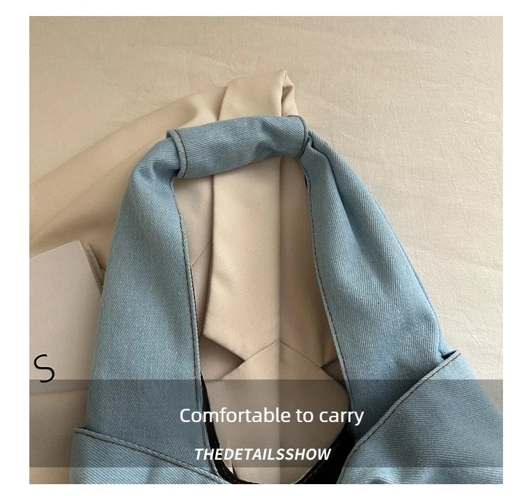 Sweet Bowknot Design Women's Denim Shoulder Bags Commuter Thread Ladies Handbags Casual Lightweight Female Underarm Tote Bag