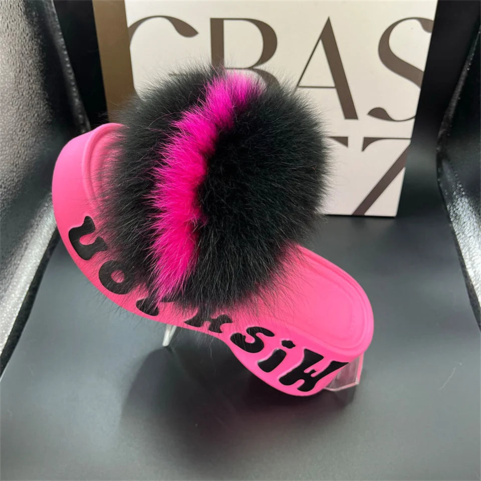 Real Fox Fur Slippers for Woman Luxury 2025 Slippers Summer Woman Sandals Thick Sole Pink Fur Slippers Fluffy Slides for Woman