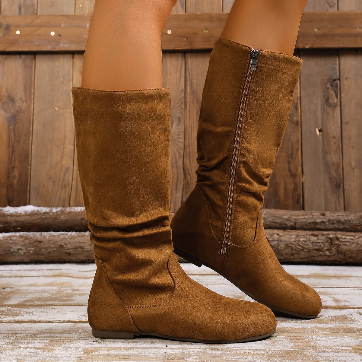 Hot Sale Womens Boots Side Zip Mid Calf Boots Trend Suede Women Flat Boots Luxury Plus Size Women Shoes High Quality Botas Mujer