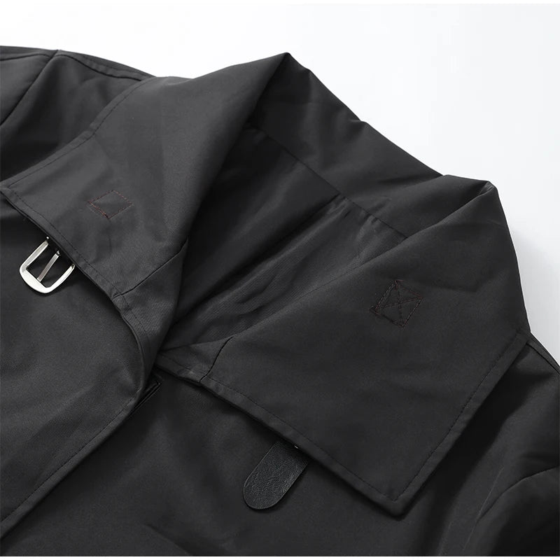 Women Black Long Solid Color Trench Coat Stand Collar Loose Drop Shoulder Single-breasted Windbreaker Lady Commute Outing Wear