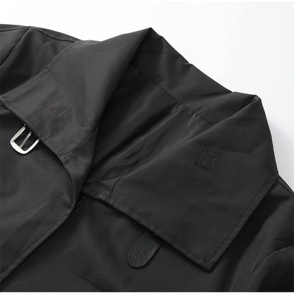 Women Black Long Solid Color Trench Coat Stand Collar Loose Drop Shoulder Single-breasted Windbreaker Lady Commute Outing Wear