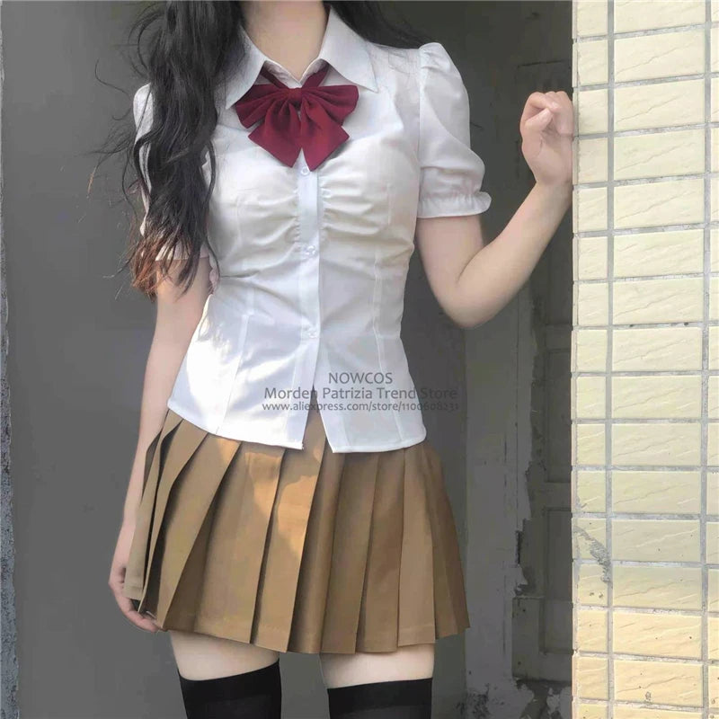 Summer Girls College Style Uniform Suit White Puff-Sleeve Shirt with Bow Slim Waist Skirt Set Women's Short-Sleeve Top And Skirt