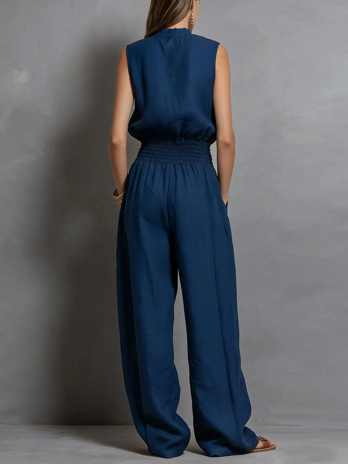 Summer Fashion Elastic Waisted Wide Leg Jumpsuit Women's Sleeveless Sexy Deep V-Neck Lace-up Loose Pockets Female Rompers 2026