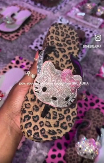Hello Kitty Rhinestone Flip Flops Leopard Print Y2K Women Bling Non-Slip Summer Beach Casual Thong Sandals Indoor Outdoor