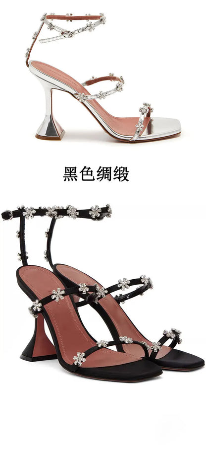 Luxury Crystal Flowers Women Sandals Fashion Ankle Strap Buckle High Heels Gladiator Sandals Elegant Summer Wedding Prom Shoes
