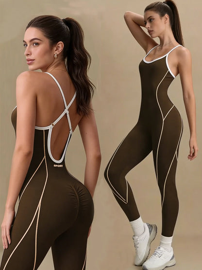 Women Spaghetti Strap Yoga Jumpsuit White Contrast Piping One Piece Fitness Bodysuit Tummy Control Gym Workout Pilates Tennis Sp