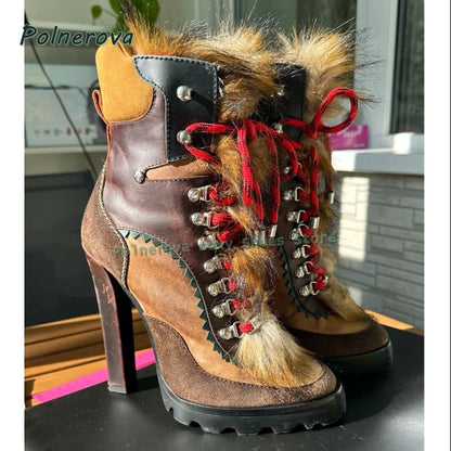 Faux Fur Cross Tied Fashion Boots 2026 New Arrivals Round Toe Toe Strange Style Mixed Colors Women Sexy Mid-Calf Boots Trend