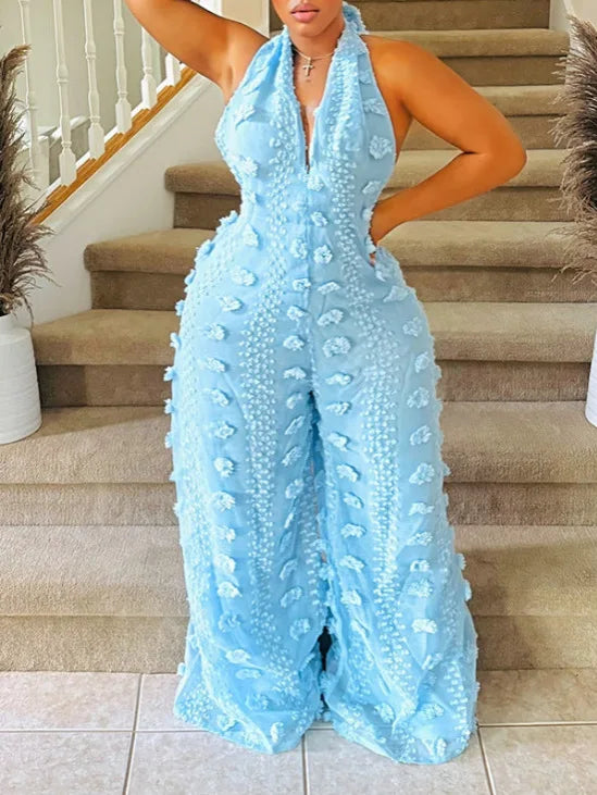 Women Jumpsuits Solid Rompers Neck Mounted Backless V Neck Sleeveless Empire Waist Full Length Wide Leg Pants Loose 2026 Summer