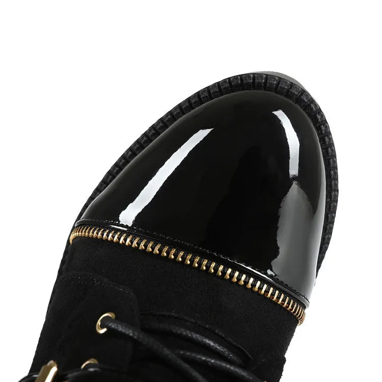 Design Women Black Leather Round Toe Rivets Metal Zippers Block High Heel Thick Bottom Ankle Boots Belt Buckles Platform Boots