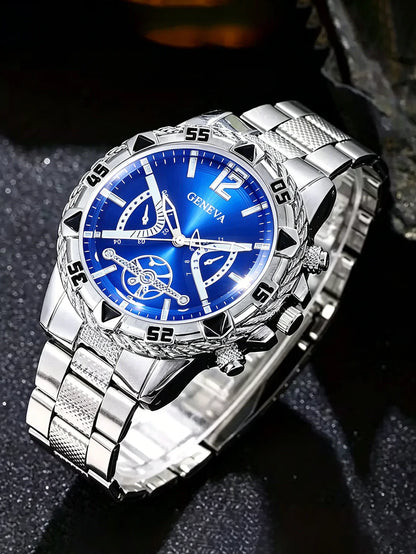 Men 3Pcs Geneva Watch Jewelry Set Blue Dial Quartz Wrist Watch Spear Necklace Rhinestone Ring, Boxes Not Included