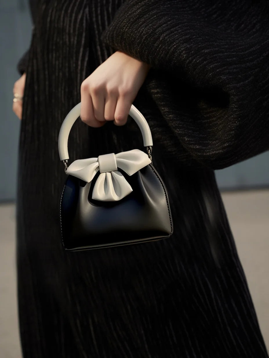 Handbag Textured Small Bag for Women 2026 New Arrival Spring and Summer Style Pleated Satchel Bag Contrast Colorbows Bucket Bag