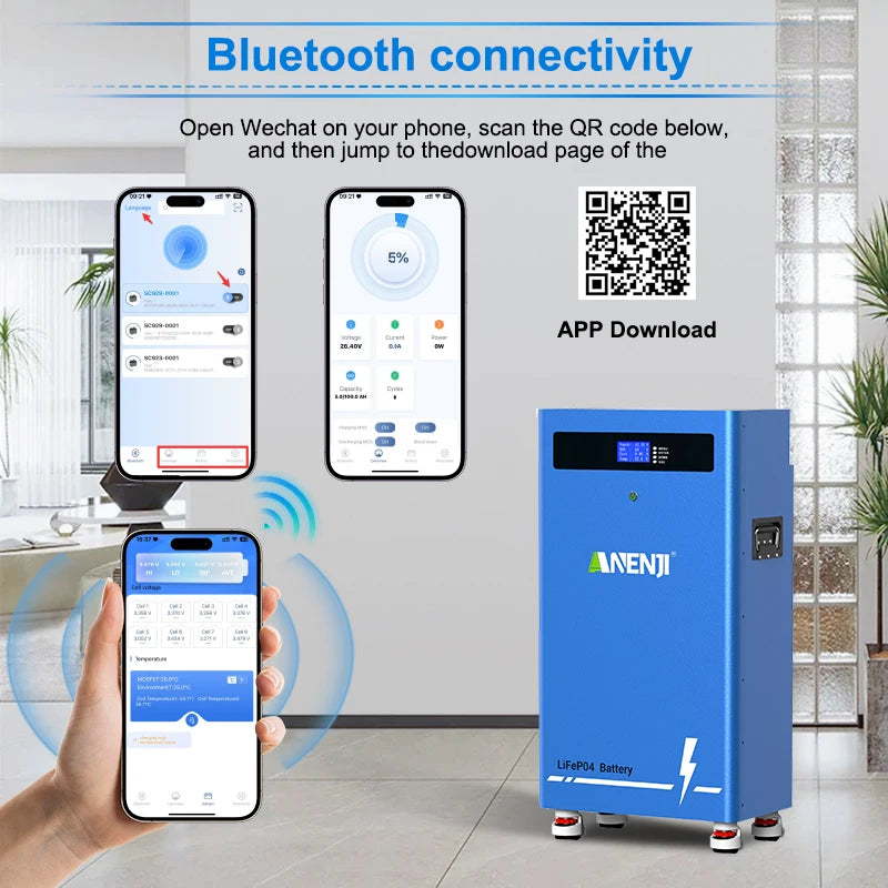 ANENJI 51.2V 314Ah 16Kwh LiFePO4 Battery 6000 Cycles With Wheels Bluetooth BMS 200Ah Supports 15 Units Parallel  Solar System