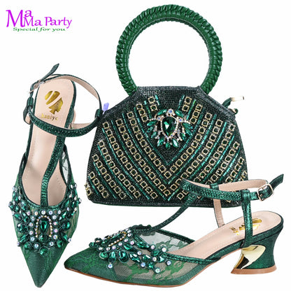 Gold Color New Arrivals Italian Design Nigerian Women Shoes and Bag Set Pointed Toe Slipper with Shinning Crystal for Party
